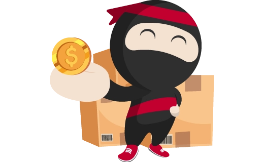 an image showing Ryo holding a gold coin in front of a stack of parcels after savings from the international shipping with Ninja Van