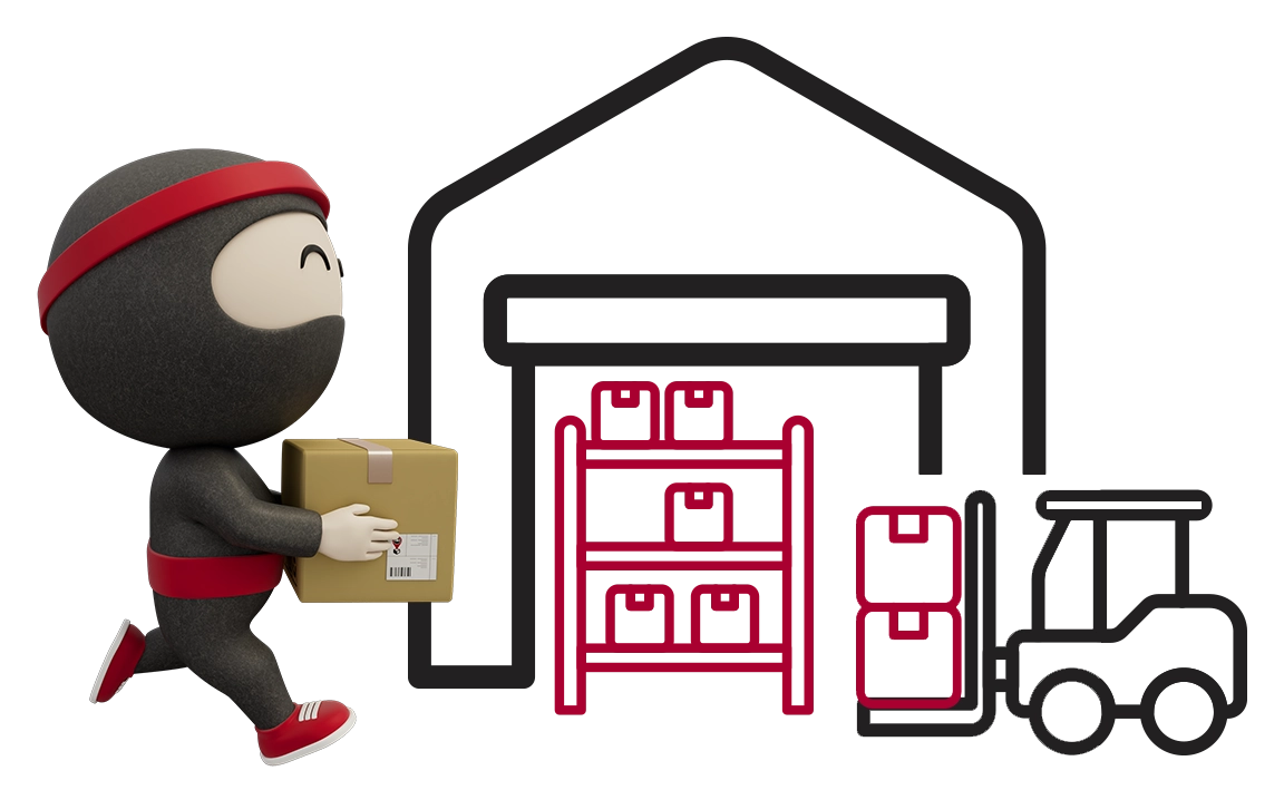 Ryo holding a box with a warehouse background and forklift